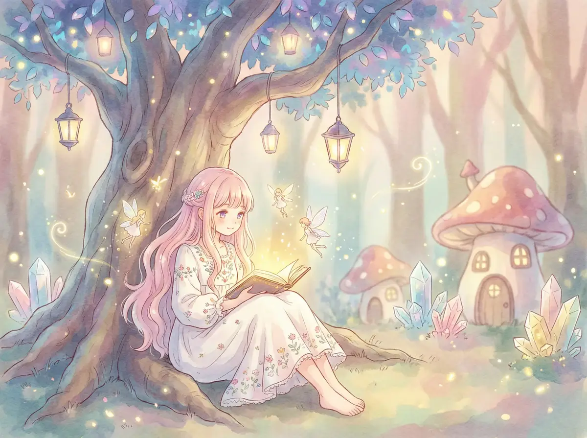 古池黑水 - 魔法森林中阅读故事书的粉发少女与精灵
